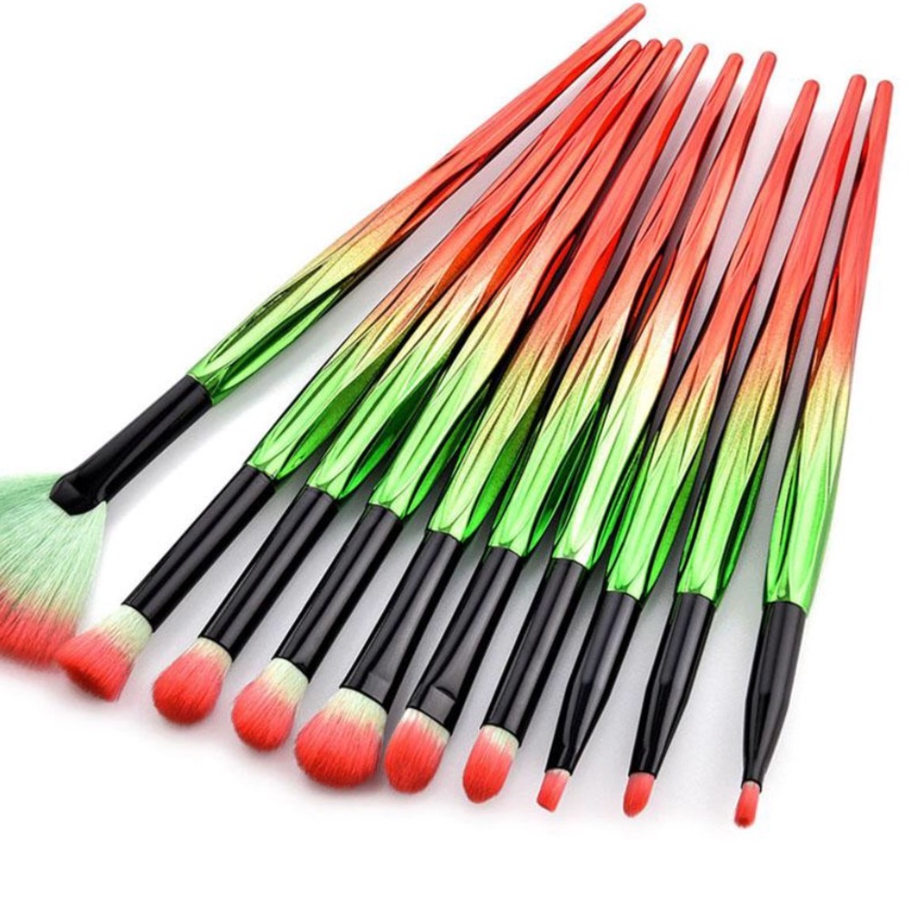 10-Pc Shiny Orange/Green Prof Make-Up Brush Set